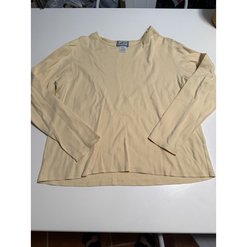 Pendleton Women's Beige Solid Cotton Knit V-Neck Ruffle Long Sleeve Pullover L